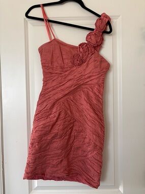 BCBGMaxAzria Coral One-Shoulder Rosette Detail Mini Dress